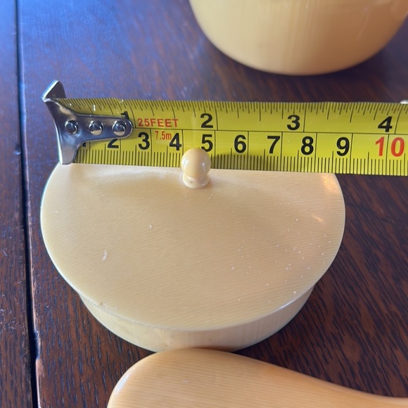 Antique Ivory Celluloid Vanity Set. 4 containers w lids, 1 hand mirror & 3 hooks - Picture 7 of 16